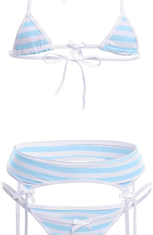 Women Cute Kawaii Striped Bikini Lingerie set Micro Tiny Bra G-string Panty/Garter Belt 2Pcs / 3Pcs Underwear