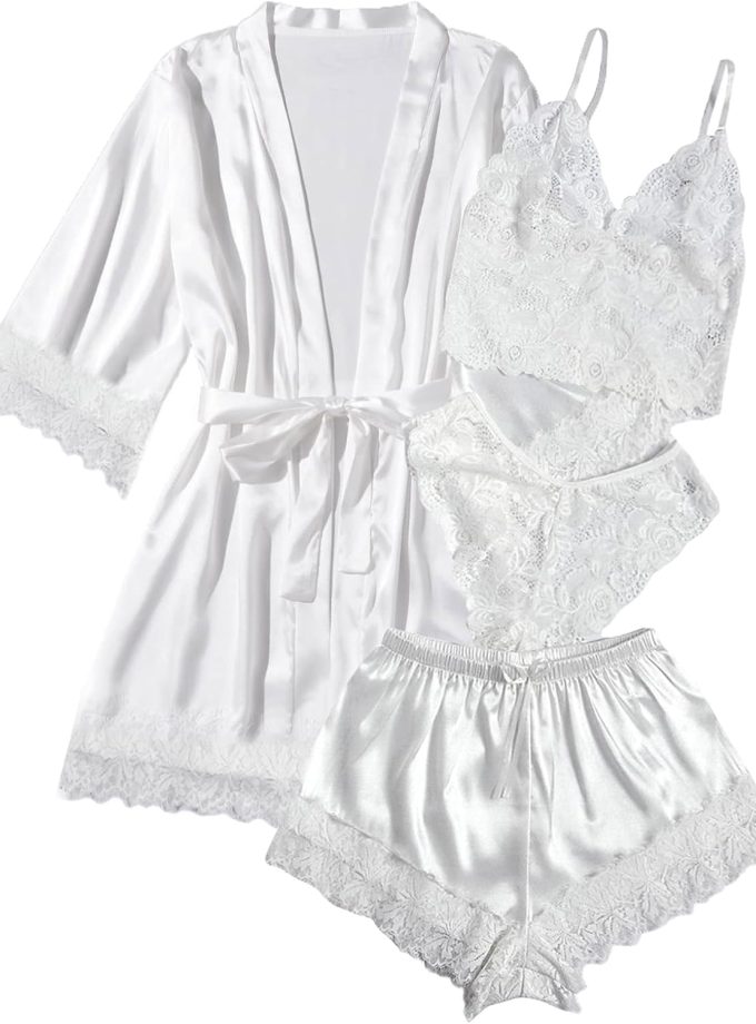 Women' Silk Satin Pajamas Set 4pcs Lingerie Floral Lace Cami Sleepwear with Robe