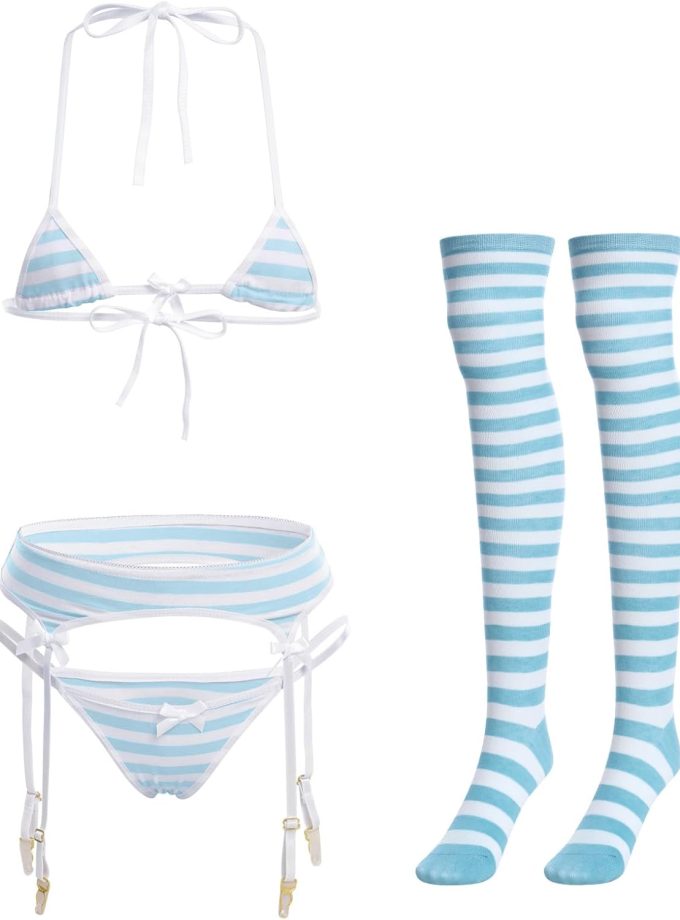 Women Cute Kawaii Anime Lingerie set Halter Strap Micro Bra Tiny Panty Garter Belt Striped Stockings 4Pcs Underwear