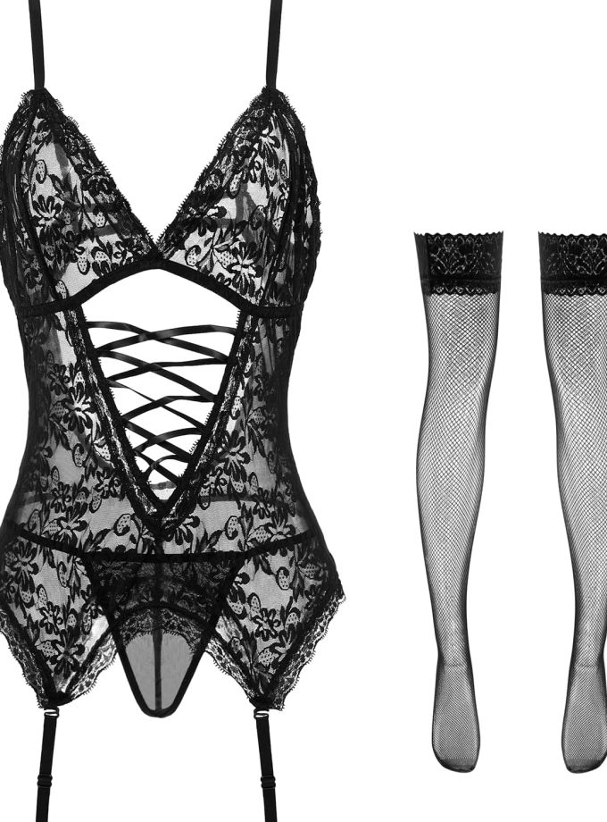 Lingerie for women, Womens Lingerie Stretchy Lace Teddy Plus Size lingerie with Stockings Size S-XXXXL