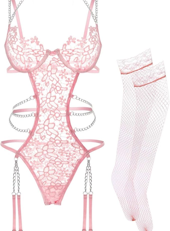 Women Lingerie Set Floral Lace Teddy Strap Chain Babydoll Bodysuit Bra and Panty Set with Garter Belts
