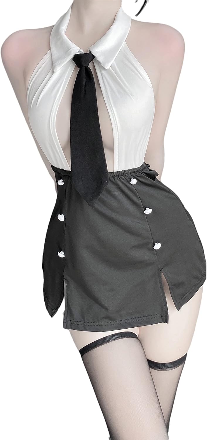 Women's Office Secretary Uniform Sexy Teacher Costume Cosplay Lingerie With Socks (2489White Black)