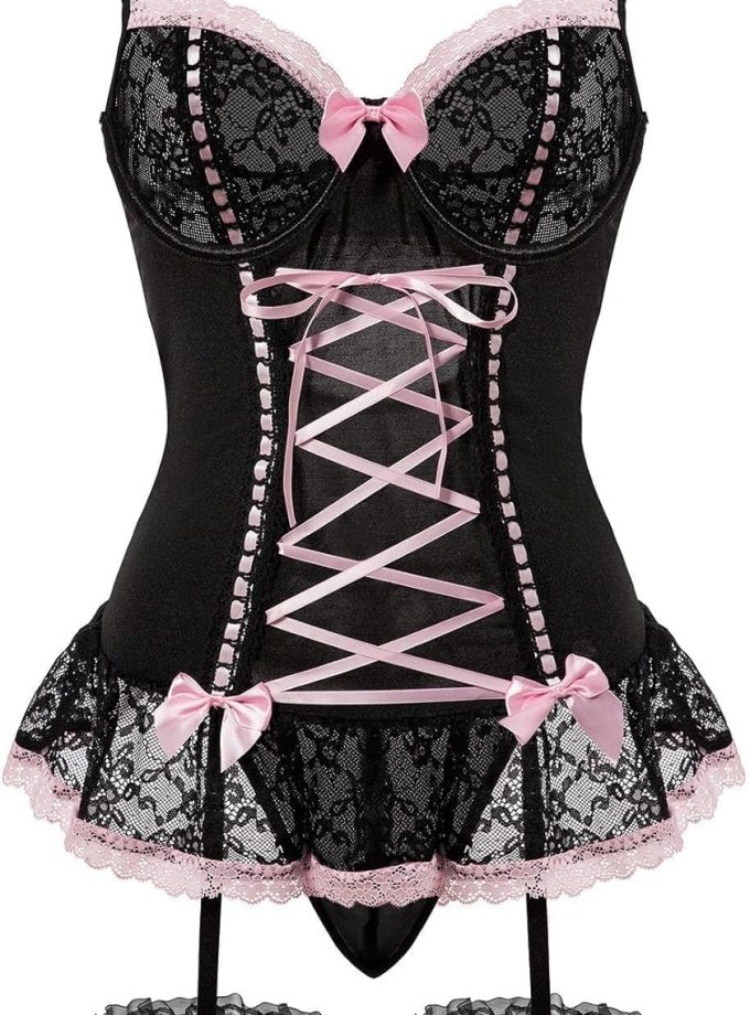 Sexy Mesh Corset Ruffle Lace Up Underwire Sheer Garter Belt Babydoll Lingerie Set With Thong 3 Piece Women