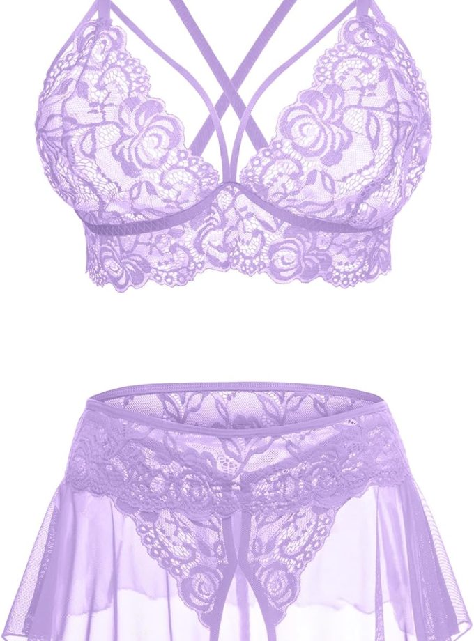 Sexy Lingerie for Women Naughty 3 Piece Lace Bralette, Mini Skirt with G-String Crotchless Lingerie Outfits