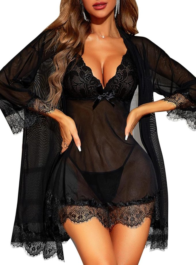 Women Sexy Lingerie Set 3 Piece Babydoll & Lace Kimono Robe Strap Chemise Sleepwear Mesh Nightgown